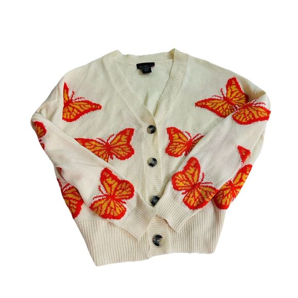 Runway Sz M Monarch Butterfly Orange White Cardigan Sweater Y2k Women's Knit - Picture 2 of 8